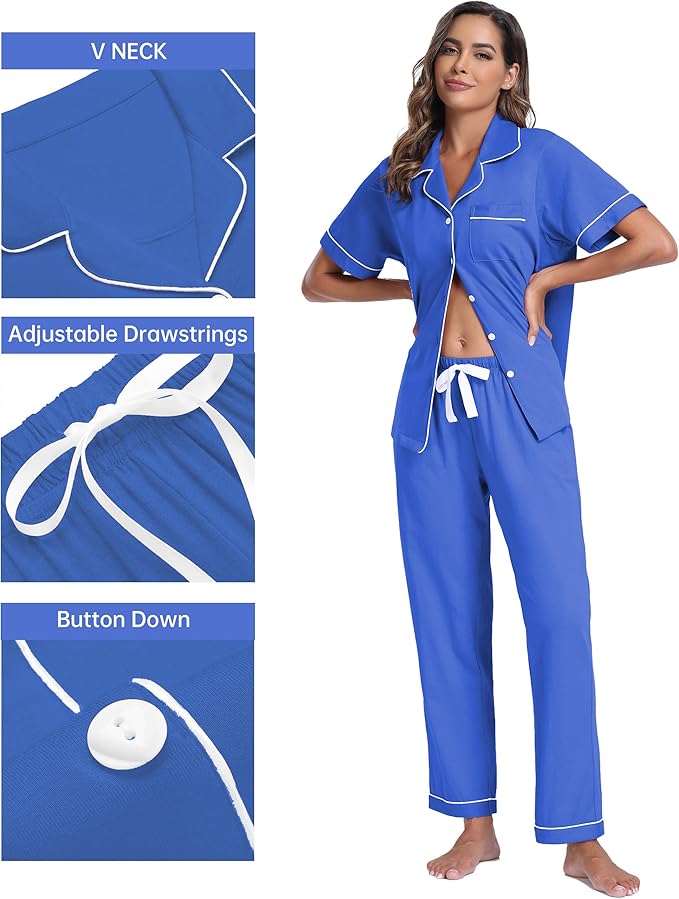 CF Womens 100% Cotton Pajamas Set Button Down Pjs Sets Short Sleeve Top & Long Pants Sleepwear Comfy Loungewear with Pockets
