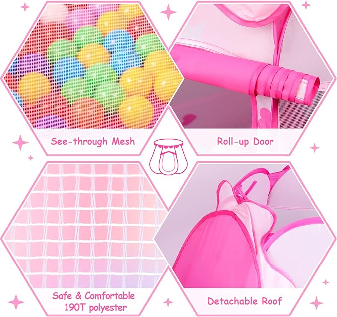 DISHIO Ball Pits with 50 Balls, Pop up Tents for Kids with Star Lights, Ball Pit for Toddlers, Princess Tent Toy for 1,2,3 yrs Birthday Gifts for Girls, Easy to Assemble and Store (50 Balls Included)