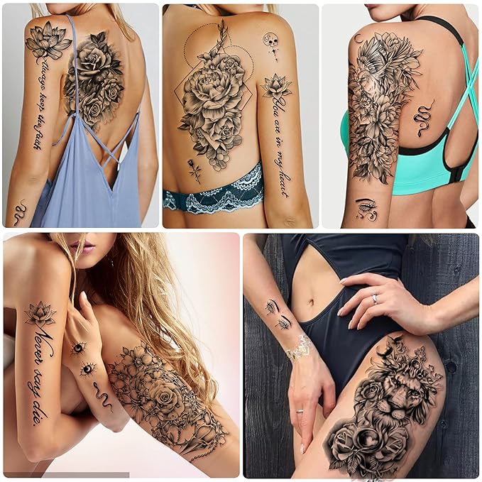 Yazhiji 49 sheets Large Flowers Butterfies Crown Waterproof Temporary Tattoos for Women and Girls,Fake Tattoos for Kids or Adults Body Make Up Tattoo