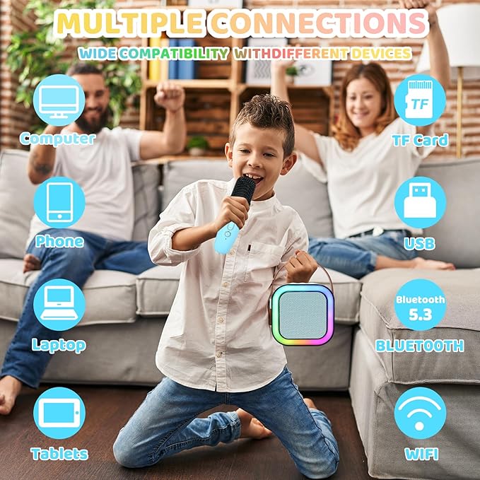 Mini Karaoke Machine for Kids Adults, Portable Bluetooth Karaoke Speaker with 2 Wireless Microphone and Lights Toys for 4, 5, 6, 7, 8, 9,10 Year Old Boys and Girls for Birthday (Blue)