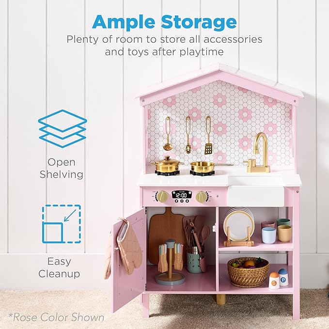 Best Choice Products Pretend Play Wooden Farmhouse Kitchen Set for Kids w/Toy Storage, Clicking Knobs, Windows, 5 Accessories Included - Beveled White