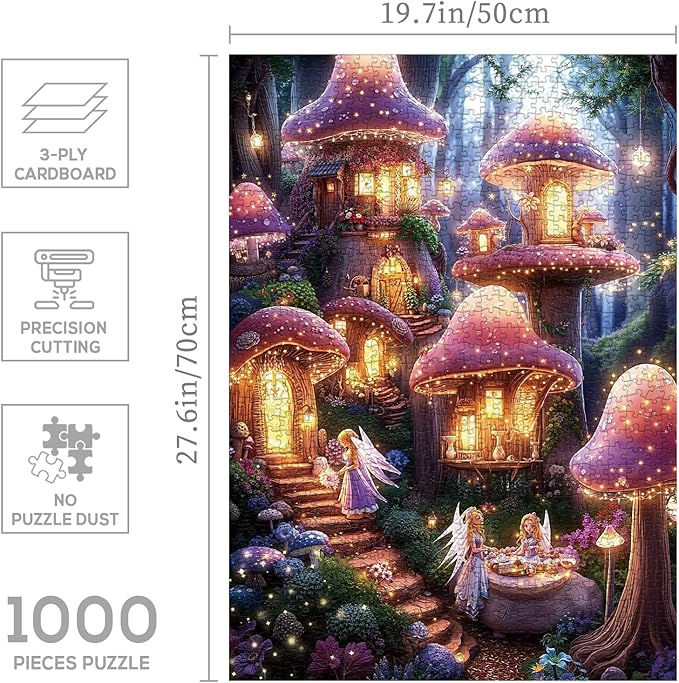 Mushroom Forest Fantasy Puzzle 1000 Pieces for Adults, Magic Fairy House Nature Jigsaw Puzzle, Plant Fungi Elf Puzzles