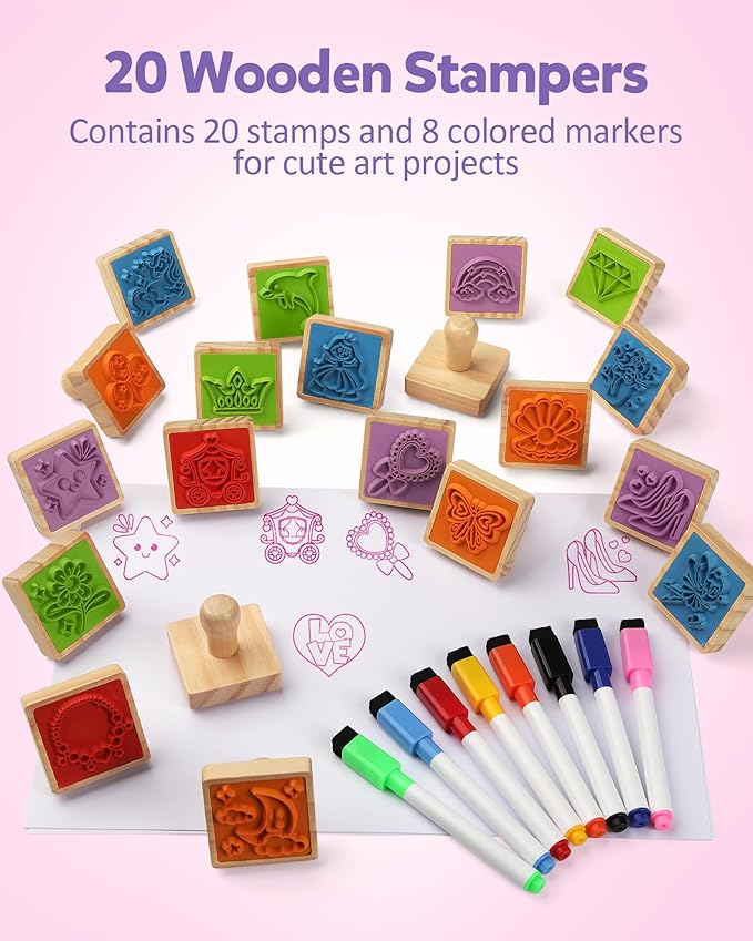 Coogam Wooden Animal Stamps Printing Toy Set, 20pcs Color Shape Stamping for DIY Scrapbook Arts Crafts Supplies Party Favor Toy Gift with Markers Suitable for 3 4 5 Year Old Kids