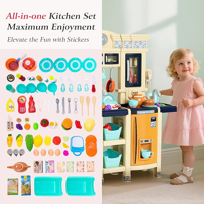 【2025 Upgraded】 Kitchen for Kids Interactive Play Kitchen for Kids Toddlers-Lightweight Easy-Install Pretend Kitchen with Tablet Ordering, Music, Lights Sounds, Steam Stove, Sink & Dishwasher(Blue)