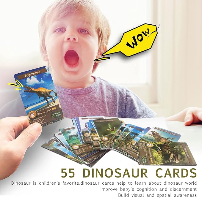 55PCS Dinosaur Learning Recognition Flash Cards,Dinosaur Fan Collectible Cards, Flash Card, Educational Learning Toys for Kids, Gift for Boys and Girls.