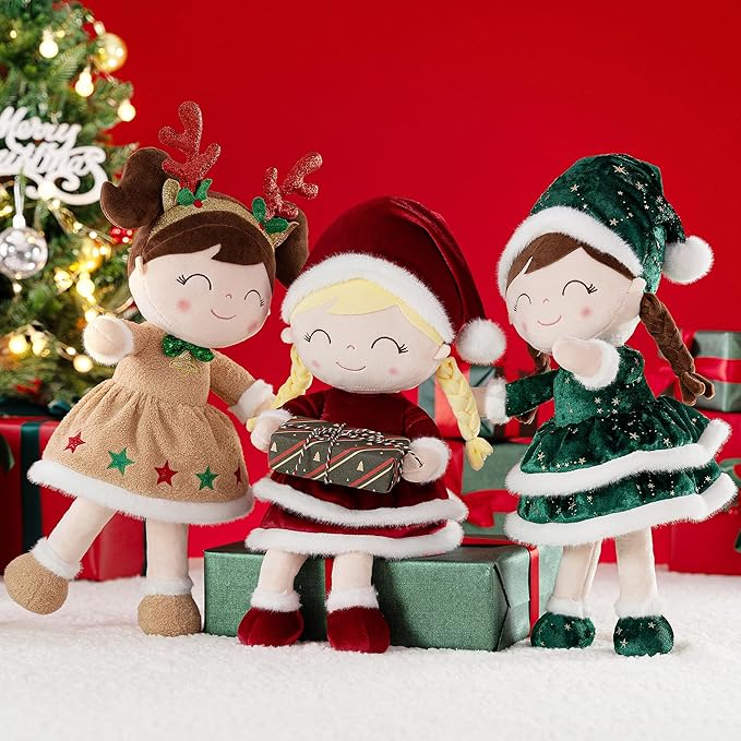 Gloveleya Christmas Reindeer Girl Plush Doll – 16" Soft Stuffed Animal Holiday Toy with Antlers, Gift Box & Card, Xmas Present for Toddler Girls, Baby Shower & Birthday Gift