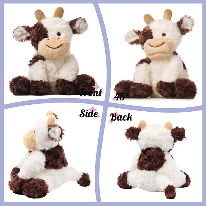 Hopearl Adorable Plush Cow Toy Floppy Dairy Cattle Soft Stuffed Animal Cute Birthday Gifts for Boys Girls Kids Toddlers, Brown, 9''