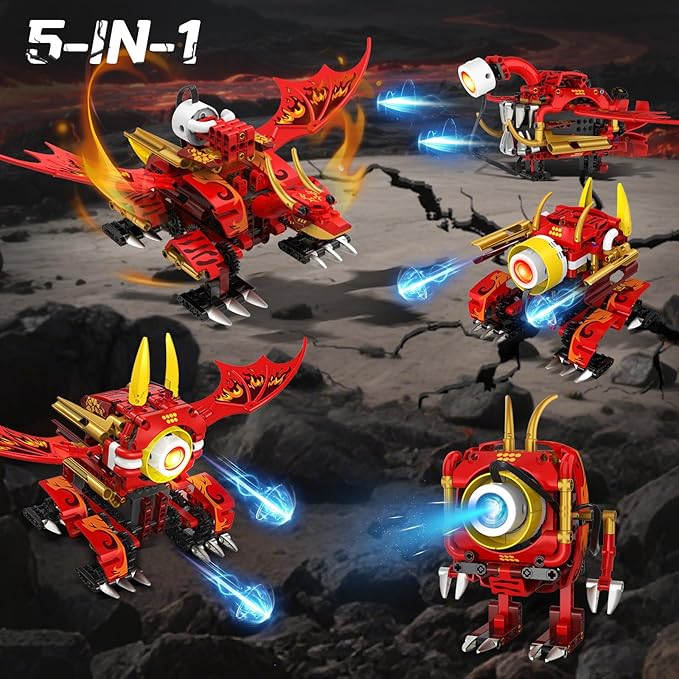 HOGOKIDS 5-in-1 Dragon Robot Building Toys with 6 Lighting Colors & 5 Light Effects - 354PCS Remote & App Control Robots Toy Set for Kids, RC Robot Building Toys Gifts for Teens Boys Girls Age 8-12