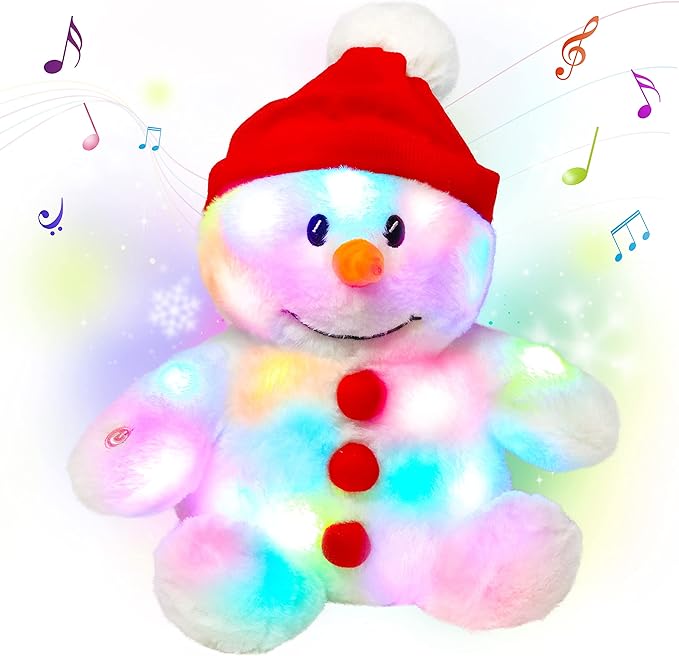 Cuteoy Light-up Singing Plush Snowman LED Musical Stuffed Animal Adjustable Volume Lullaby Plushies Birthday Christmas Toy Gifts for Kids Toddler Girls, 13"