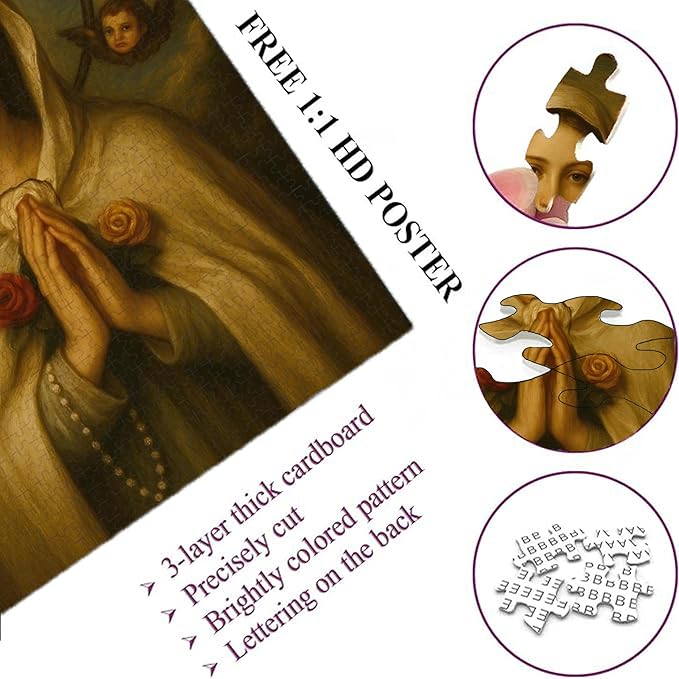 500-piece Prayer to Our Lady - Halo and Cherubim Adult Wooden Puzzle, Intellectual Challenge, Stress-Relieving Puzzle, Relaxing Family Activity, Decoration, Size: 20.5 x 15 in