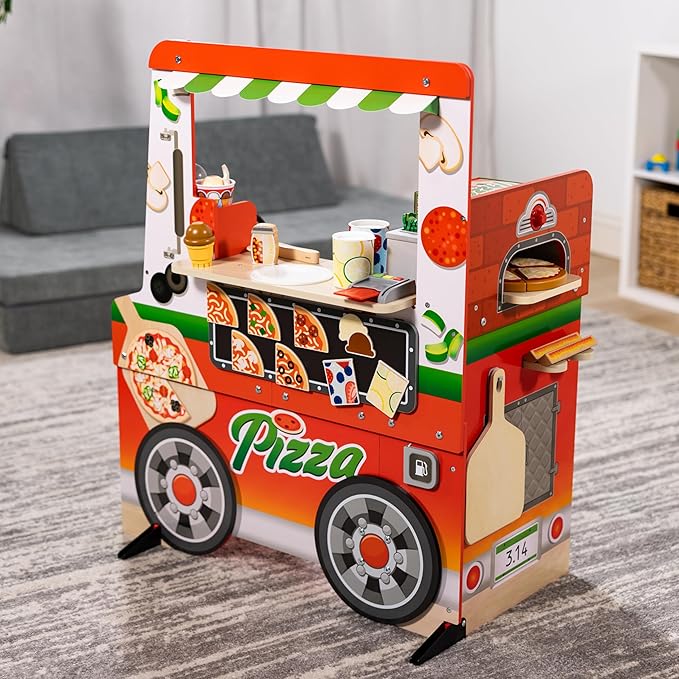 Melissa & Doug Wooden Pizza Food Truck Activity Center with Play Food, for Boys and Girls 3+