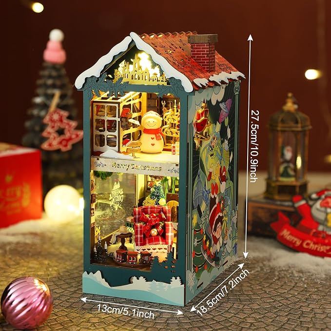 DIY Book Nook Kit, Miniature Bookshelf Decor with LED Lights, Laser-Cut Wooden Craft Set for Adults, Creative Gift for Christmas, Birthday, Xmas, Merry Christmas