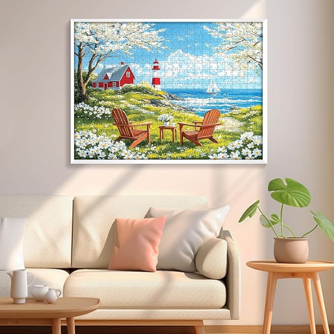 500 Pieces Puzzles for Adults, Relaxing Coastal Lighthouse Jigsaw Puzzles, Premium Seaside Scenic Landscape Wall Art for Home Decor, Challenging Gift for Women & Men 20.5x15 in