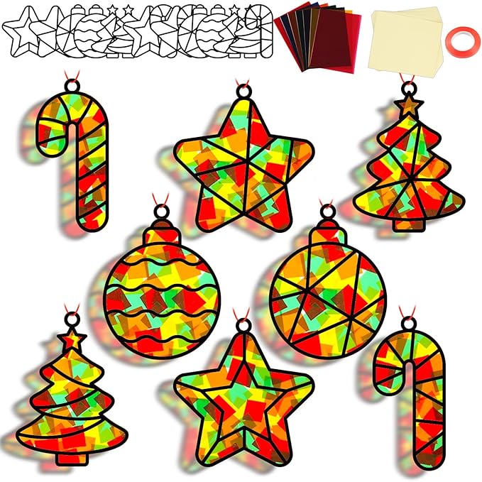 QOUBAI 32 Sets Christmas Theme Suncatchers Craft Kit DIY Window Stained Glass Effect Christmas Theme Paper Crafts Home School Classroom Decoration Kid Birthday Gift Creative Art Project Activity Game