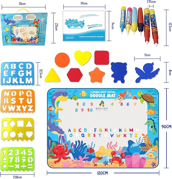 Water Doodle Mat -Large 48x36 inches - New Released! No Mess Drawing & Writing with Magic Color Pen. Educational Toy for Boys/Girls Ages 3 to 12, Learning The Alphabet, Numbers/Shapes. Kids Gift Toy!