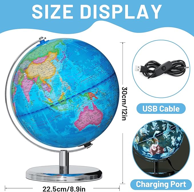 9" Illuminated Globes, 88 Constellations Map & Built-in LED Light & Learning 3-in-1, USB Charging, None-Slip Stainless Steel Stand for Classroom Education & Bedroom Decor, Inspire Geography Interest