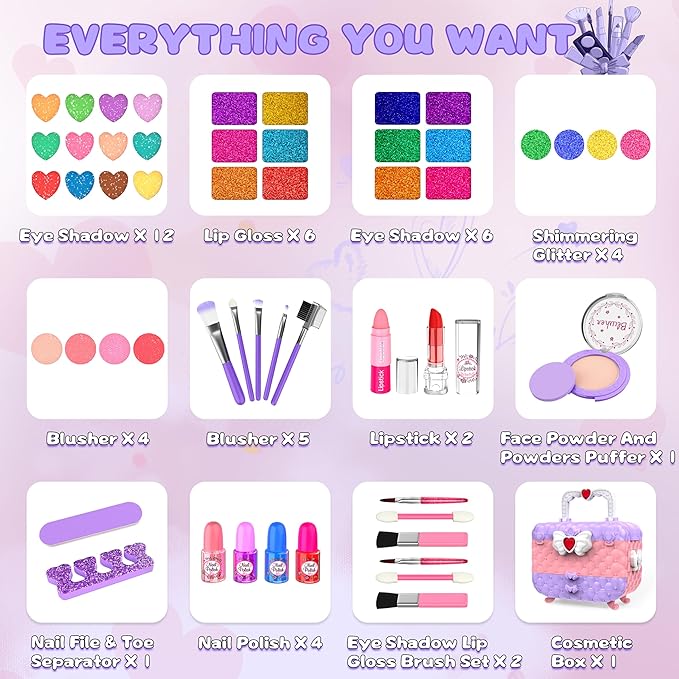 54 Pcs Kids Makeup Kit for Girls, Princess Real Washable Pretend Play Cosmetic Set Toys with Mirror, Birthday Gifts for 3 4 5 6 7 8 9 10+Years Old Girls Kids (Light Purple)