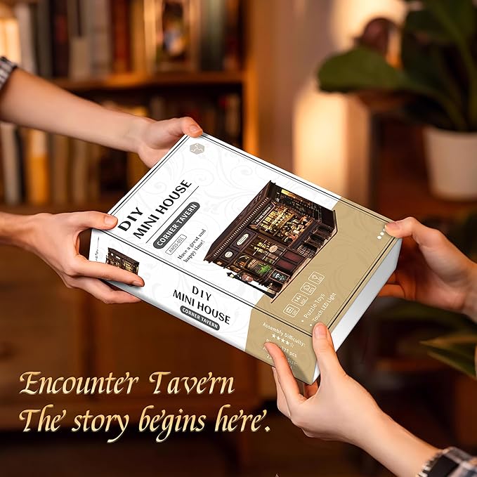 ISSEVE Book Nook Kit - DIY Miniature House Kit for Adults, Teens and Beginners, Corner Tavern Dollhouse Booknook Tiny House Bookshelf Decor 3D Wooden Puzzle, Gifts for Friends Family (Corner Tavern)