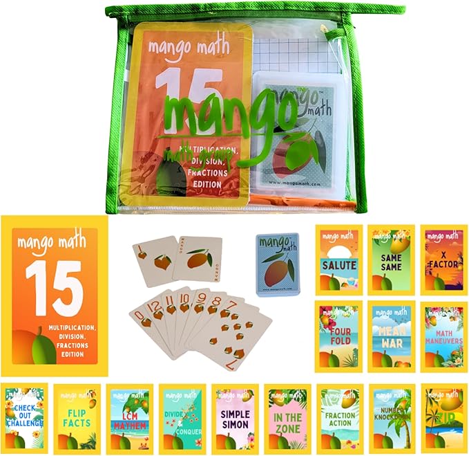 MANGO Math 15 Pack - Math Flash Cards - Educational Math Games for Kids - Multiplication, Division, Fractions Games & Learning Kit -2nd 3rd 4th Grades - Kids 6-12 - Set of 15 Games - English Version