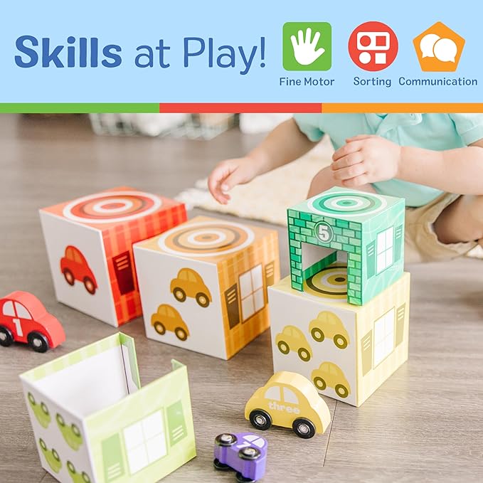 Melissa & Doug Nesting and Sorting Garages and Cars with 7 Graduated Garages and 7 Stackable Wooden Cars - FSC Certified