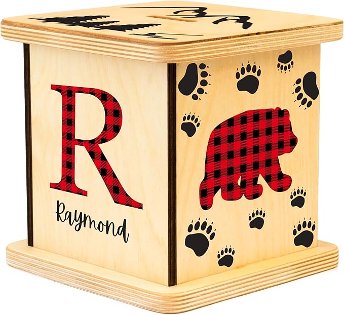Wooden Piggy Bank for Kids and Adults, Personalized Gift Handmade in USA by BloomOwl, Custom Piggy Bank, Personalized Banks for Kids, Gifts for Baby Boys and Girls (Buffalo Plaid)
