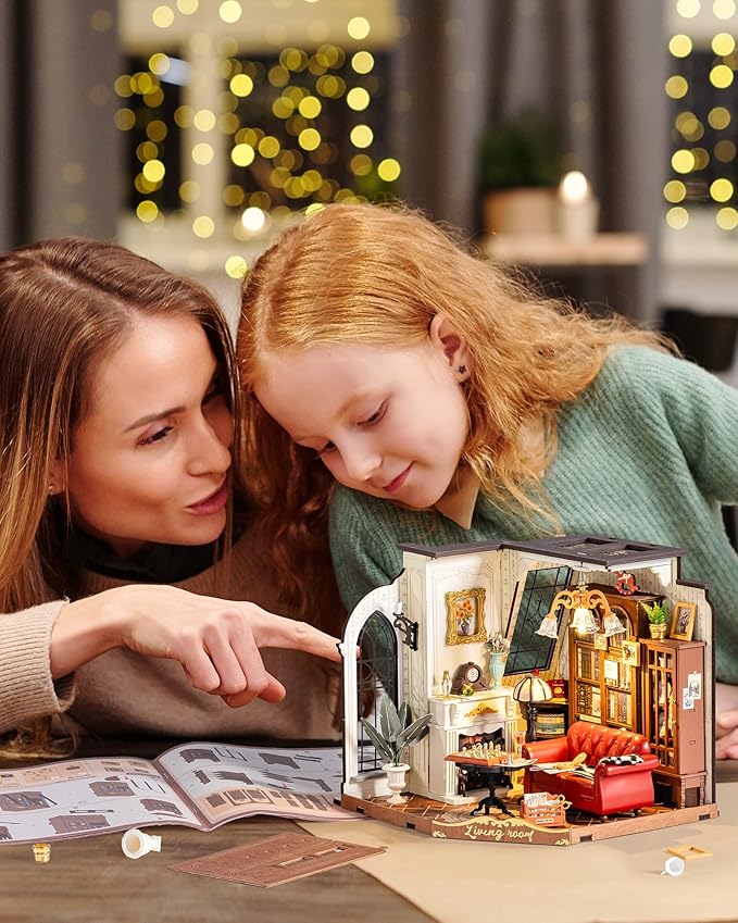 ROBOTIME DIY Miniature House Kit, Mini Dollhouse Kit, Tiny House Kit for Adults, Wooden Furniture Kit with LED, Halloween/Christmas/Birthday Gifts for Family/Friends(Catherine's Living Room)