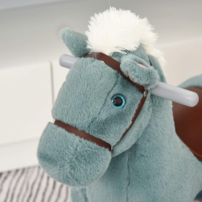 Qaba Kids Plush Ride-On Rocking Horse with Bear Toy, Children Chair with Soft Plush Toy & Fun Realistic Sounds, Blue