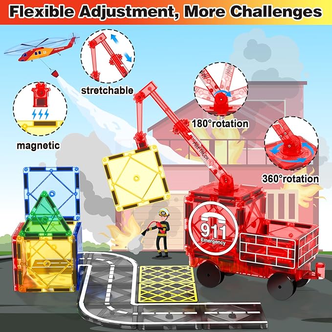 Magnetic Tiles Road Set with Magnetic Crane Edition, Magnet Building City Fire Kids Car Toys for 3 4 5 6 7 Years Old Boys Girls, Magworld Kids Games Construction STEM Toys for Boys Gifts