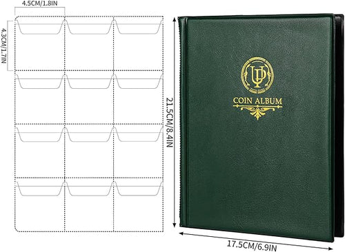 120 Pockets Coin Album - Coin Collecting Book with 10 Pages, 45x43 mm Grid Holder for Pounds Pence Cents Dollars Nickel (Green) CS48120GR