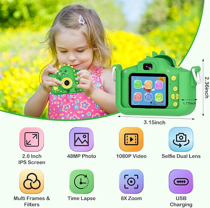 Contixo KC3A Kids Digital Camera - 1080P Toddler Camera with Selfie Mode, Games, Sound Recording, 8X Zoom, 32GB SD Card, USB-C Rechargeable Educational Toy for Boys Girls Ages 3-8, Green