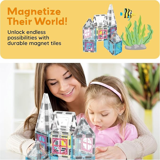 PicassoTiles 50 Piece Magnetic Tiles Mermaid Theme Magnet Building Blocks Toddler Toy Educational STEM Learning Kit Construction Set Pretend Play Preschool Kid Game Toddler Girl Boy Ages 3 & Up PTQ34