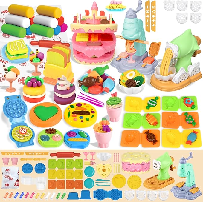 71 PCS 3 in 1 Dough Sets for Kids Ages 3-4-8, Art Crafts Dough Tools Kit, Ice Cream Playset Noodle Cake Maker Machine, Kitchen Creations Food Play Toys Boys Girls