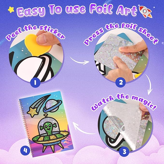 3 otters Foil Art Craft, Astronaut Painting Kits for Kids Travel Toys Coloring Games for Boys Party Favor Birthday Gift DIY Goodie Bag Stuffers