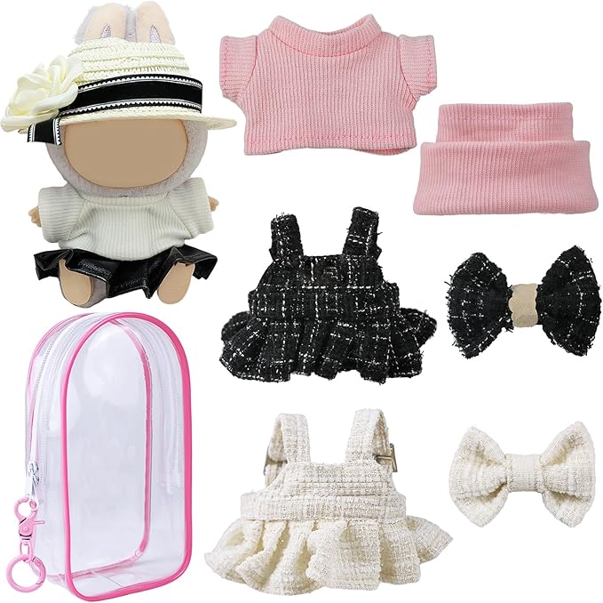 4 Sets Clothes for LABUBU Doll (NO Doll), Handcrafted Crochet Accessories for LABUBU About 6.7'' Dolls, Premium Outfit-Cute Clothes for Dress up Unique Style (Pink Packaging Box+Clothing Sets.)