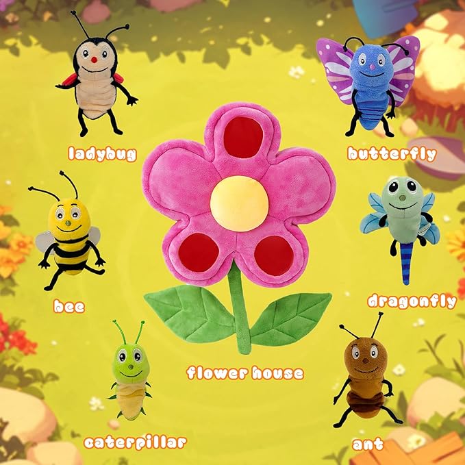 6pcs Insect Finger Puppets Bringing a Flowers House, Novelty Animals Toys Puppet for Kids, Storytelling Role-Playing Plush Finger Puppets Gifts for Boys and Girls
