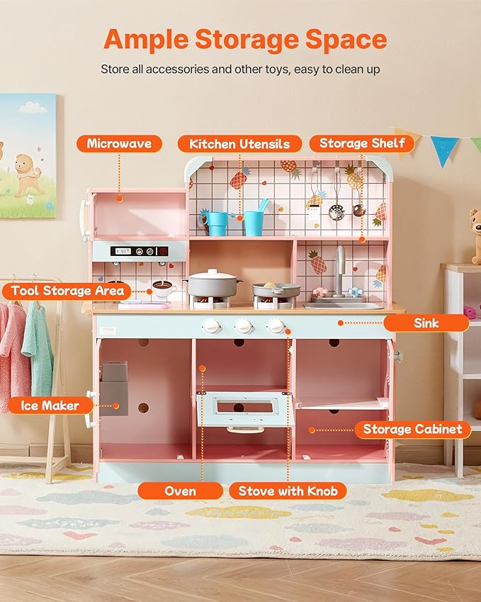 VEVOR Wooden Play Kitchen Toy, Play Kitchen for Kids with Lights and Sounds, Toddler Kitchen with Ice Maker, Oven, Sink, Microwaves, Fridge and Utensil and Fruit Accessory for Toddlers Ages 3-8, Pink