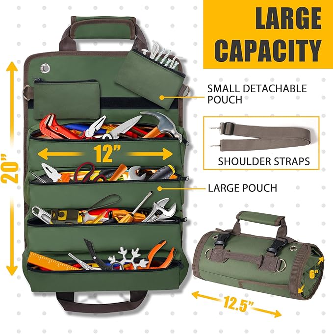 Roll Up Tool Bag, Heavy Duty Tool Organizer with 2 Detachable Zipper Pouches, Compact Durable Tool Storage for Men Women, Perfect for Handyman, RV Owners, Dad Birthday or Father’s Day Gifts