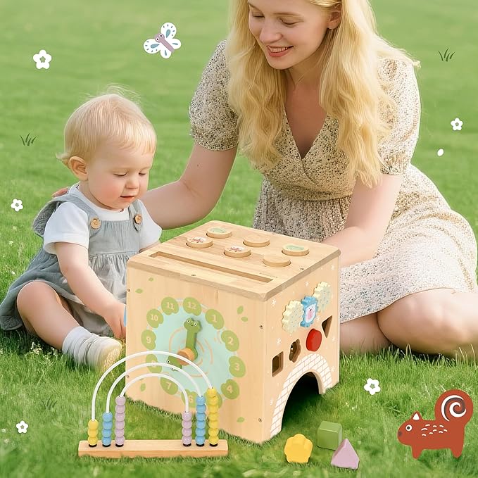 9-in-1 Wooden Activity Cube Baby Busy Board, Montessori Toys for Toddler Play Activity Center, Early Educational Toys with Shape Sorter, Abacus & Gear Toy, Sensory Gifts for Boys Girls