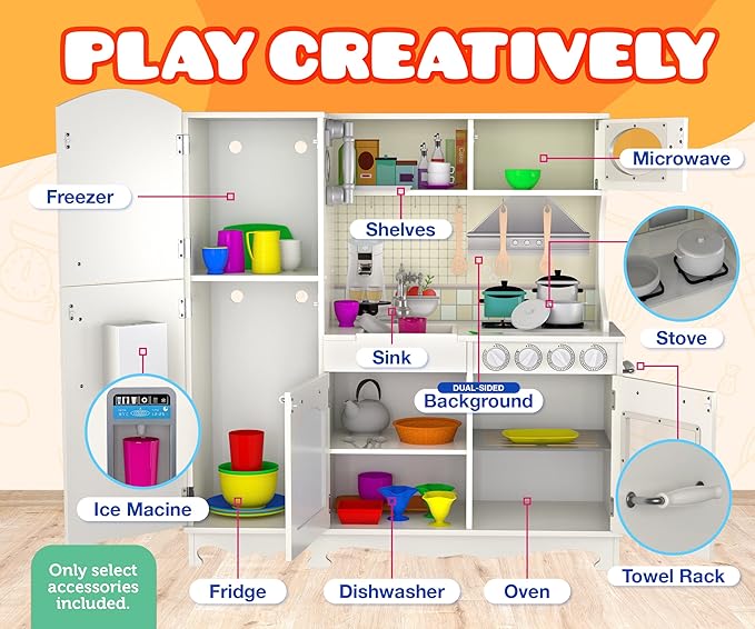 Wooden Play Kitchen for Toddlers & Kids – Pretend Kitchen Set with Sink, Oven, Stove, Microwave, Lights & 9 Accessories – Durable Wooden Kitchen Toy for Ages 3–8 – by Kiddery Toys