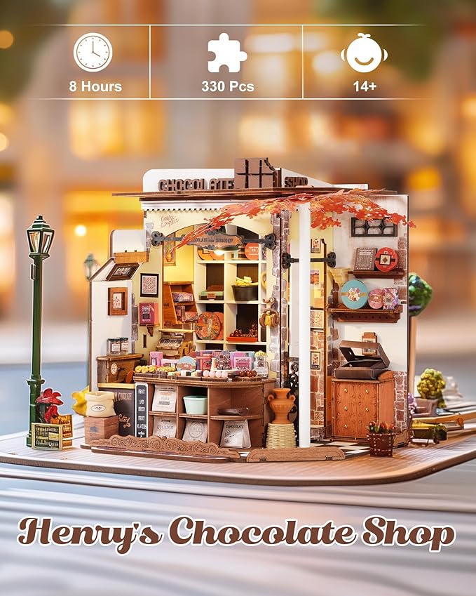 Rolife DIY Miniature House Kit Henry's Chocolate Shop 1:18 Scale Dollhouse Diorama, Tiny House Building Kit Crafts for Adults Home Decor Gift for Adults Him Her