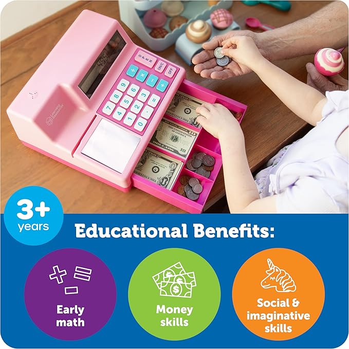 Learning Resources Pretend & Play Calculator Cash Register Pink - 73 Pieces, Ages 3+, Cash Register for Kids, Play Money for Kids, Toddlers Toys, Toy Register, for Kids