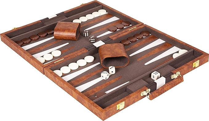 Backgammon Set 18 inch, Large - Classic Board Game for Adults and Kids with Premium Leather Case - Includes Strategy & Tip Guide (Brown)