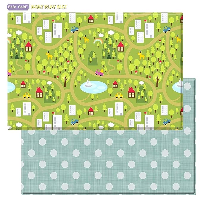 Baby Care Play Mat (Large, Playful - Country Town (Blue)) 82'' x 55'' Original One-Piece Reversible Rollable Waterproof Play Mat for Infants, Babies, Toddler, and Kids