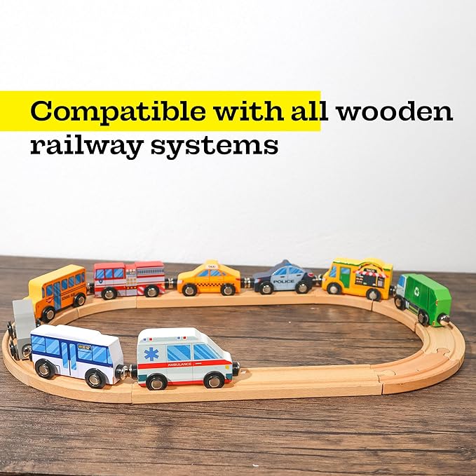 9 Piece Wooden Cars with Magnets - City Vehicles, Emergency Trucks, School Bus, Police, Fire, Ambulance, Taco Truck Toy - Community Helpers Play Set - Zany Trains