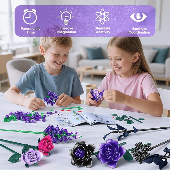 Purple Rose Building Blocks Set for Kids, 701PCS Flower Bouquet Toy, DIY Artificial Plant Gift for Girls, Women, Valentine's Day, Birthday, Mother's Day, Halloween Home Decor