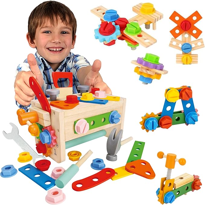 Kids Tool Set – 35 Pieces Wooden Toddler Tool with Box – Montessori STEM Educational Pretend Play Construction Toy for 3 to 13 Year Old Boys Girls – Best Birthday Gift