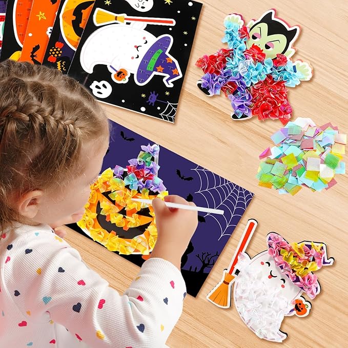 Lonfliness 8PCS Poke-in Craft and Art Kit Kids Halloween No-Mess Fabric Sewing Art Girl Boy 4-12 Puzzle Puncture Painting DIY Bat Pumpkin Ghost Halloween Toy Gift Creative Activity Game Birthday Party