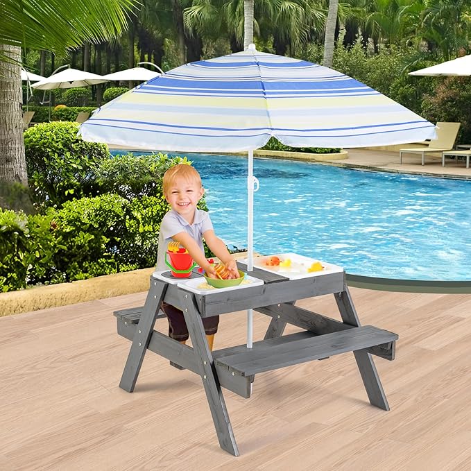 Costzon Kids Picnic Table with Sensory Bins, 4 in 1 Sand and Water Table with Height Adjustable Umbrella, Removable Tabletop, Wooden Kids Outdoor Table for Backyard Patio Play