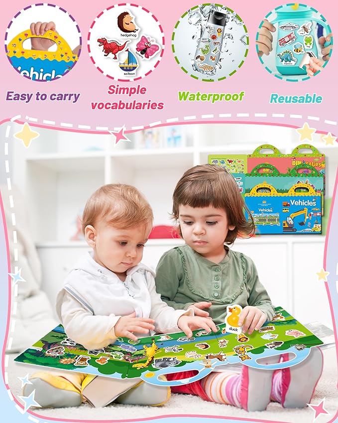 4 Pack Reusable Sticker Book for Toddlers, Toddler Sticker Book for Kids, Toddler Activities Crafts Preschool Learning Travel Birthday Gifts for Boys Girls