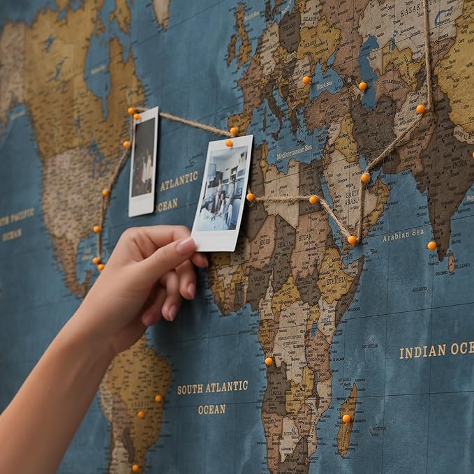 Canvas World Map with Cork Pin Board - English Lettering - Decorative Wall Decoration for All Rooms - Canvas Pictures with World Map Motif (150x100 cm, Pattern 13)